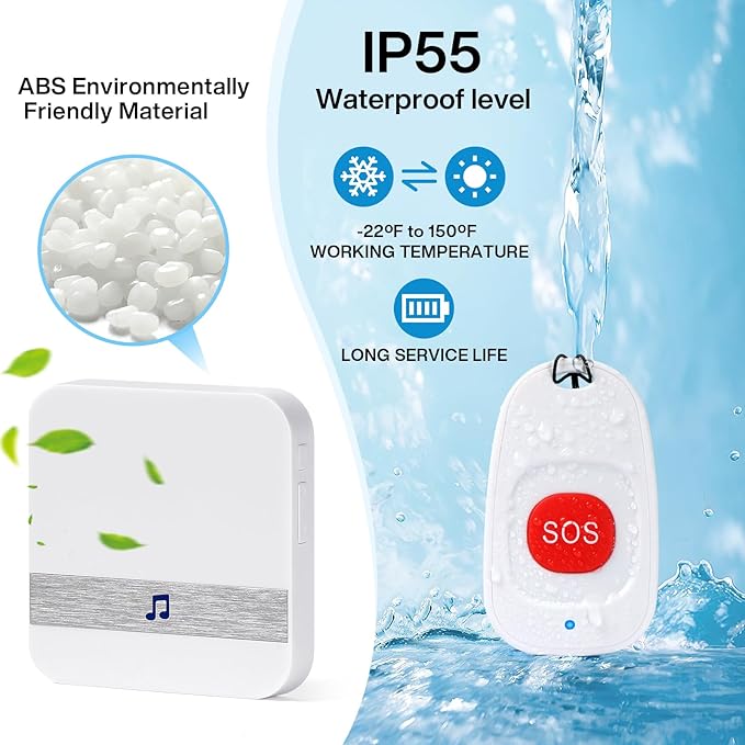 Caregiver Pagers Wireless Call Button for Elderly Patient Personal in Home Life Alert System for Seniors Range 260ft/80Menter,60 Ringtones (3 Call Buttons + 2 Receivers)
