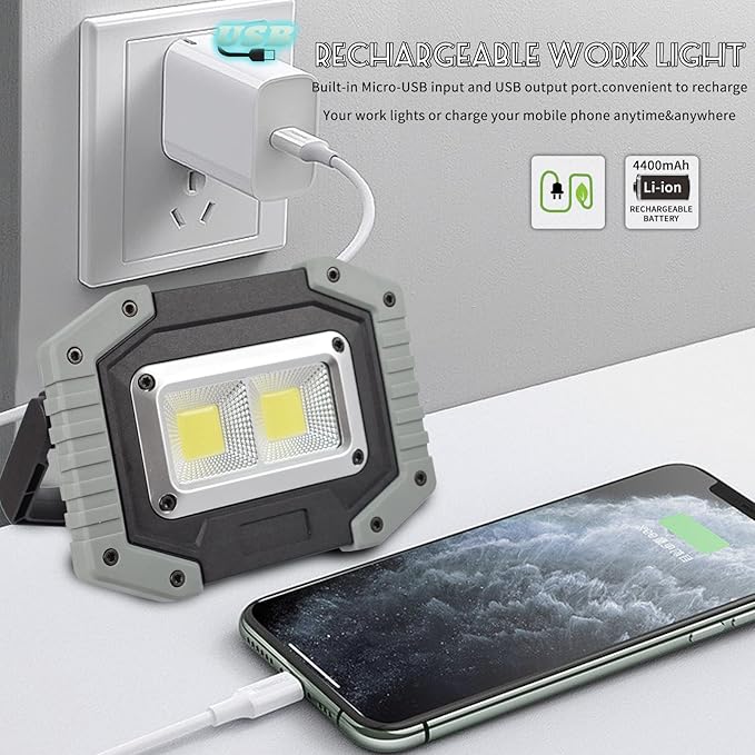 OTYTY LED Work Light 2-Pack, 30W 1500LM Portable Rechargeable Flood Lights with Magnetic Base, 4200mAh Battery for Outdoor, Camping, Hiking, Emergency, Car Repairing, Job Site Lighting (W840 Grey)