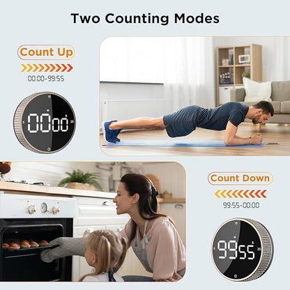 Upgrade Digital Kitchen Timer - Magnetic Countdown Countup Visual Pomodoro Timer with Large LED Display, 3-Preset Times (5, 15, 25), 3 Volume Levels, Ideal for Cooking, Baking and Fitness (2, Tarnish)