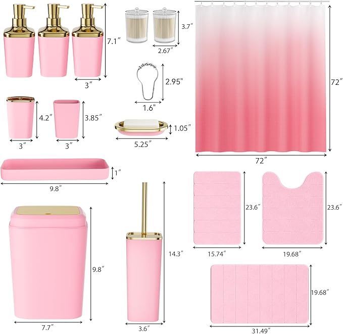 Bathroom Sets with Shower Curtain and Rugs, 27PC Bathroom Accessory Set, Pink Bathroom Set, Pink Bathroom Accessories Set with Trash Can, Toilet Brush and Soap Dispensers