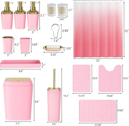 Bathroom Sets with Shower Curtain and Rugs, 27PC Bathroom Accessory Set, Pink Bathroom Set, Pink Bathroom Accessories Set with Trash Can, Toilet Brush and Soap Dispensers