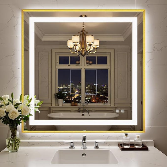 36X36 Inch LED Bathroom Mirror with Lights, Gold Frame Frontlit+ Backlit Bathroom Vanity Mirror for Wall, Ultra-Clear Tempered Glass, Shatter-Proof, Anti-Fog and Memory Function, ETL Listed
