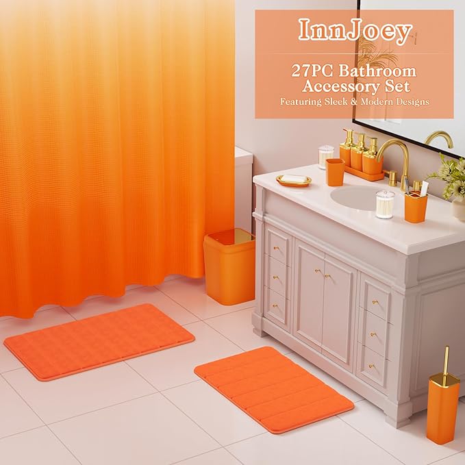 Bathroom Sets with Shower Curtain and Rugs, 27PC Bathroom Accessory Set, Orange Bathroom Set, Orange and Gold Bathroom Accessories Set with Trash Can, Toilet Brush and Soap Dispensers