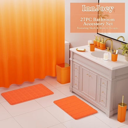 Bathroom Sets with Shower Curtain and Rugs, 27PC Bathroom Accessory Set, Orange Bathroom Set, Orange and Gold Bathroom Accessories Set with Trash Can, Toilet Brush and Soap Dispensers