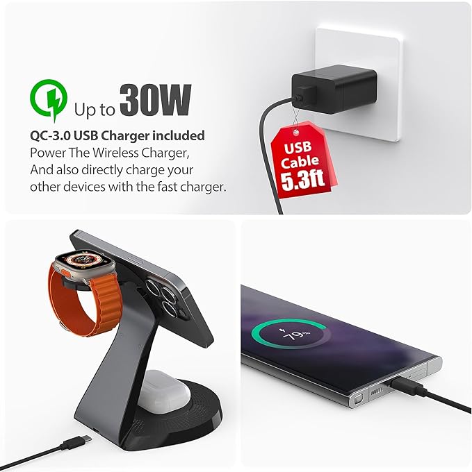 3 in 1 Charging Station for Apple Devices,Mag-Safe Charger Stand Fast Charging,Wireless Charger for iPhone 16/15/14/13/12 Series,& AirPods,& iWatch(USB-C Charger Included)