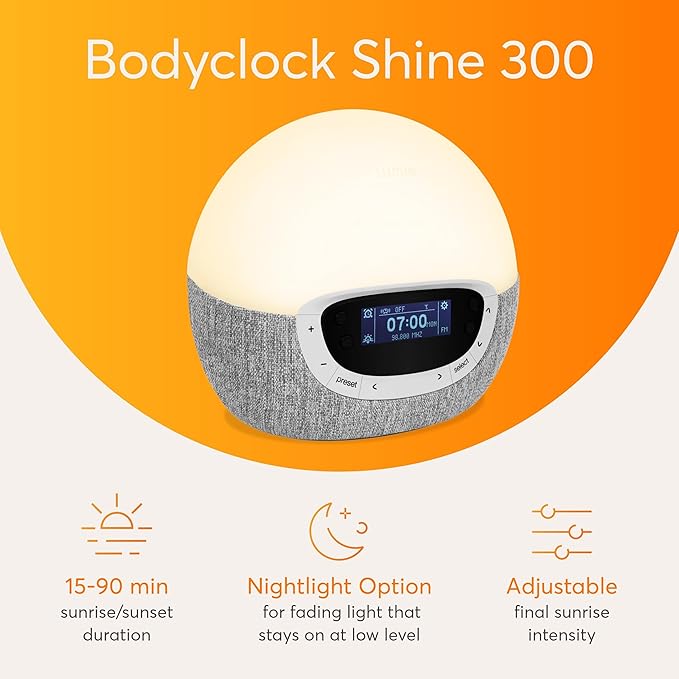 Lumie Bodyclock Shine 300 – Sunrise & Sunset Alarm Clock - Bedside Lamp with Custom Light Duration - Wake-Up, Night & Reading Light - Warm LEDs