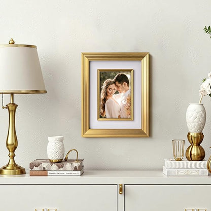 Yaetm 8x10 Gold Picture Frame with Decorative Inner Frame & Tempered Glass, Display 5x7 Photos with Mat - Portrait or Landscape - Tabletop & Wall Mount for Office & Home Décor (Gold, 2 Pack)