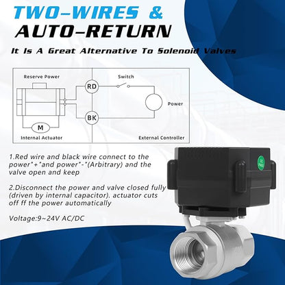 1" Motorized Ball Valve - 9-24V AC/DC Electric Water Valve 2 Wire Auto Return,with Full Port,Stainless Steel