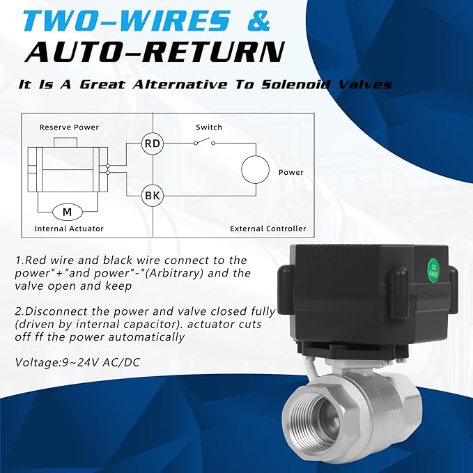 3/4" Motorized Ball Valve - 2 Wire Auto Return Electric Water Valve with Full Port, 9-24V AC/DC Automatic Ball Valve,Stainless Steel,Normally Closed