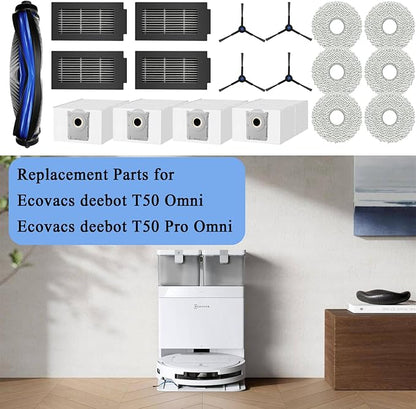 Replacement Parts for ECOVACS DEEBOT T50 Pro Omni/ T50 Omni/ T50 Pro, Accessories including 1 Main Brush, 6 Mop Pads, 4 Dust Bags, 4 HEPA Filters, 4 Side Brushes, 1 Cleaning Tool