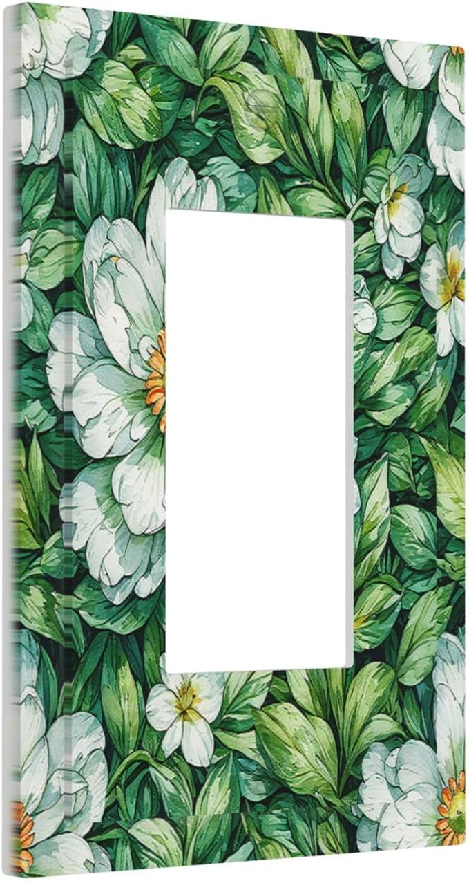 Vintage Floral White Flowers Green Plants Leaves Decorative Outlet Covers 1 Gang Single Rocker Light Switch Cover Plate Wall Plates GFCI Faceplate for Bedroom Bathroom Decor