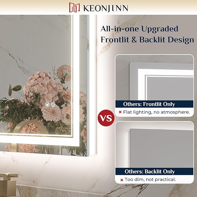 Keonjinn 50" x 36" Bathroom LED Mirror, Front & Back Lighted Mirror for Bathroom Wall, Tempered Glass, Safe Defogger, 3 Color Temperature, Dimmable, Memory Function, Light Up Vanity Mirror