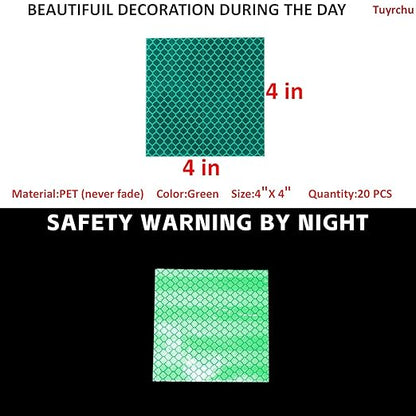 Non Fading Green Reflective Stickers 4 inch X 4 inch, Outdoor Waterproof High Visibility Warning Safety Adhesive Reflector Tape (20 Pcs)