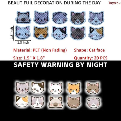 Reflective Stickers 20 Pcs, Outdoor Waterproof High Visibility Warning Safety Adhesive Reflector (1.5" X 1.8", Cat face)