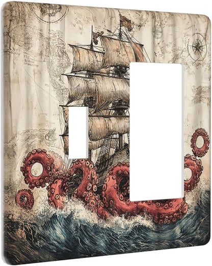 Outlet Covers Vintage Octopus Ocean Sailboat Bizarre Adventure 1 Toggle 1 Rocker Combination Decorative Wall Plate Light Switch Cover Plate Electrical Switch Plates for Bathroom Kids room Decor
