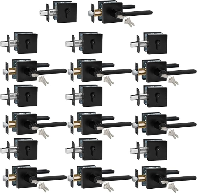 Keyed Entry Door Handle with Single Cylinder Deadbolt, Keyed Alike(Same Keys Only Per Set) Front Door/Exterior Door Lever Lockset, Matte Black, 10 Sets of Locks with 10 Sets of Different Keys