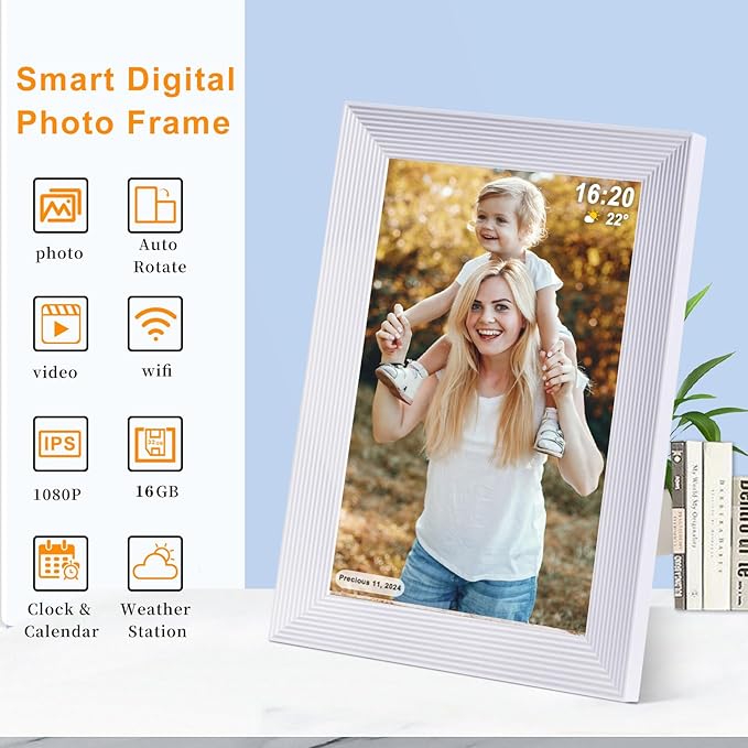 Frameo 10.1 Inch Smart WiFi Digital Photo Frame,Digital Picture Frame with 16GB Storage & SD Slot, Electronic Picture Frame IPS Touch Screen with Auto-Rotate, Frameo Digital Frame WiFi - White