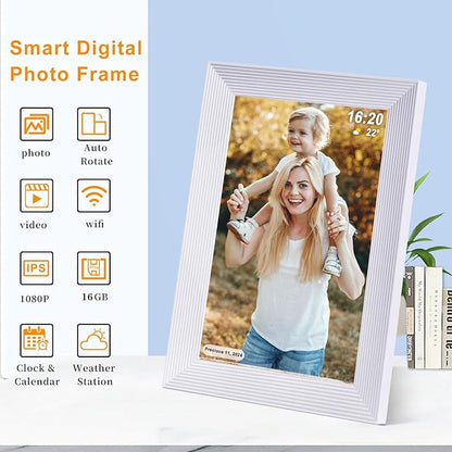 Frameo 10.1 Inch Smart WiFi Digital Photo Frame,Digital Picture Frame with 16GB Storage & SD Slot, Electronic Picture Frame IPS Touch Screen with Auto-Rotate, Frameo Digital Frame WiFi - White