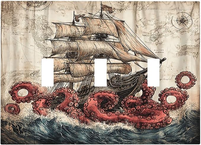 Decorative Switch Plates Vintage Octopus Ocean Sailboat Bizarre Adventure 3 Gang Wall Plate Faceplate Triple Toggle Light Switch Cover Electrical Wall Panels for Bathroom Kids room Decor