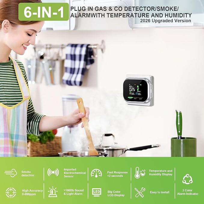 New 6 in 1 Plug in Smoke Carbon Monoxide Detectors w/ 270° Rotating UI, Smoke CO Detector Combo Battery Backup, Portable Carbon Monoxide Alarm Detector, Natural Gas Detector Smoke Alarm for Home RV