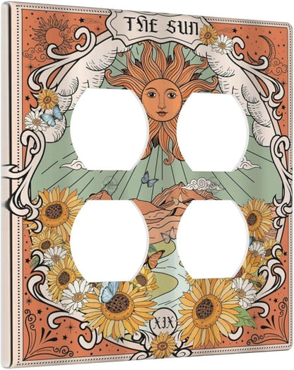 Boho Retro Sun Sunflower Vintage Flower Butterfly Outlet Covers 2 Gang Double Duplex Decorative Light Switch Covers Electrical Wallplates Socket Faceplate for Farmhouse Home Decor