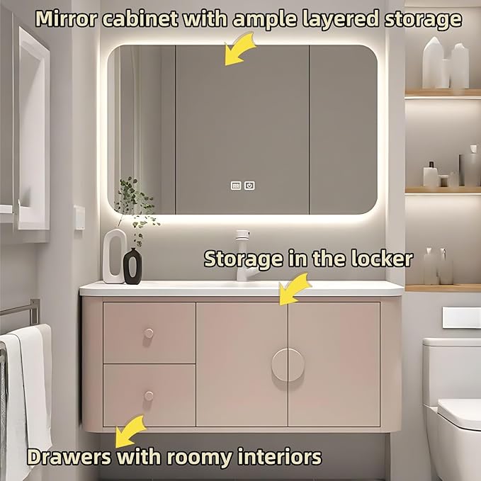 48IN Pink Modern Bathroom Vanity - Bathroom Vanities Set with 2 Drawers Wall Mounted | Rounded Corner Smart Defogging Mirror Cabinet with Lighting & Time Display, Side Opening Storage Shelf (Style A)