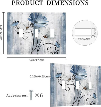 Decorative Light Switch Cover Plate Rustic Blue White Daisy Ink Flower 3 Gang Wall Plates for Electrical Outlets Triple Toggle Switch Plate Covers Outlet Covers Faceplate for Home Decor