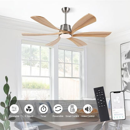 WINGBO 60" Smart Ceiling Fan with Light, Dimmable LED Light, 6-Speed Remote/APP/Voice Control, Solid Wood Blades Fan for Bedroom/Living Room/Shop Works with Alexa or Google Assistant Light Wood Color