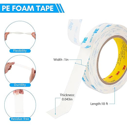 3M 1600T Double Sided Tape, PE Foam Tape 1" x 18 Ft White Removable Strong Adhesive No Residue for RV Picture Hanging, Posters Frames Wall Decor Indoor & Outdoor Use(2 Pack)
