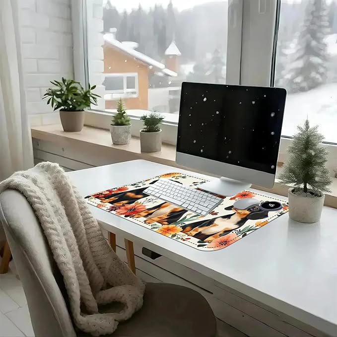 Heated Mouse Pad with 3 Temperature Settings(104°F–122°F),Large 24x14.2 Inch PU Leather Heated Desk Mat,Waterproof Warming Pad for Office,Gaming & Cold Hands Relief,Dogs and Flowers