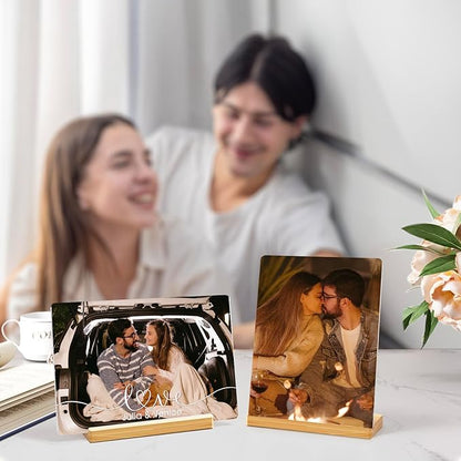 Custom Photo Prints - Metal Desktop Picture Frame with Photos & Name & Wooden Base Personalized Gifts for Family Friends and Lovers, Optional Multiple Sizes