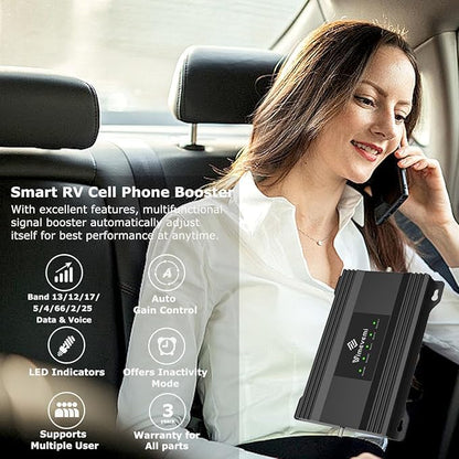 Vehicle Cell Phone Booster for Truck, RV, Car, Off-Road Vehicles & SUV | Boosts 5G & 4G LTE (Band 2/4/5/12/13/17/25/66) for All U.S. Carriers - Verizon, AT&T, T-Mobile & More | FCC Approved