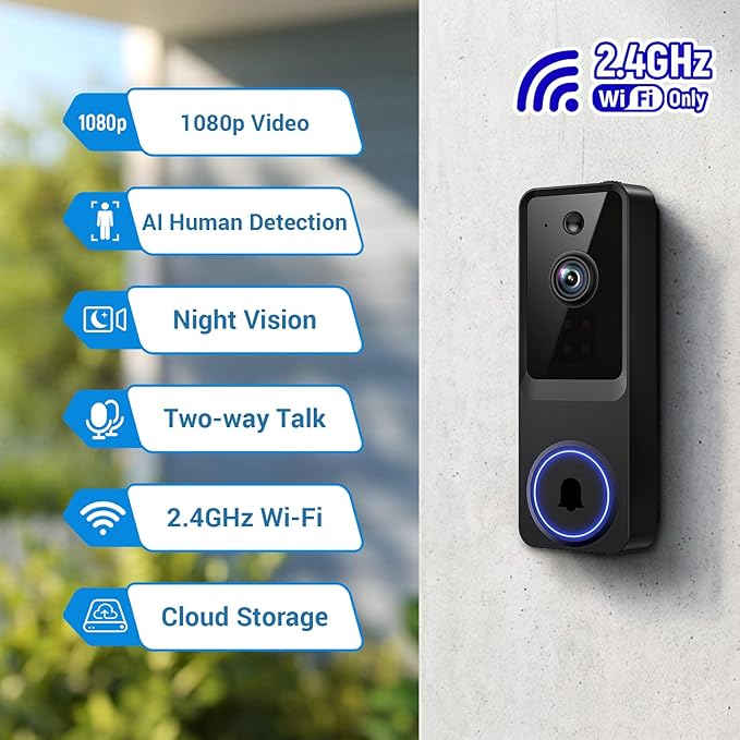 1080p Wireless Video Doorbell Camera for Home Security, with Cloud Storage, Real-Time Alerts, Night Vision, Indoor and Outdoor Monitoring, Battery Powered