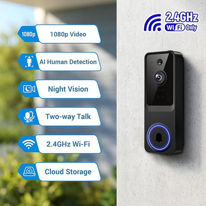 1080p Wireless Video Doorbell Camera for Home Security, with Cloud Storage, Real-Time Alerts, Night Vision, Indoor and Outdoor Monitoring, Battery Powered