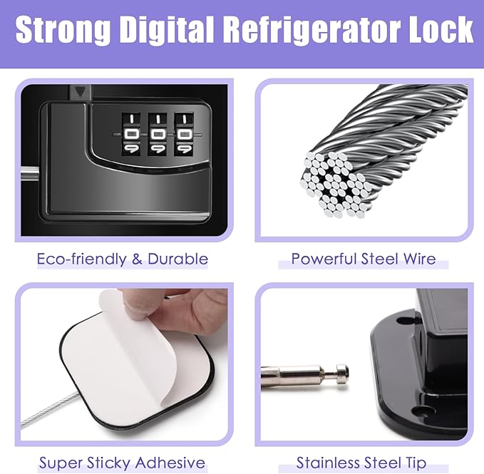 4PCS Fridge Lock Combination, Self-Adhesive Refrigerator Locks Freezer Door for Adults with Password (Black) (Square)