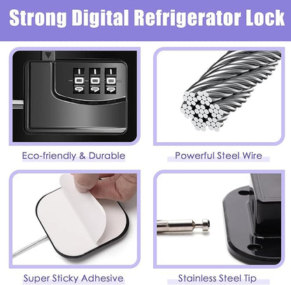 4PCS Fridge Lock Combination, Self-Adhesive Refrigerator Locks Freezer Door for Adults with Password (Black) (Square)