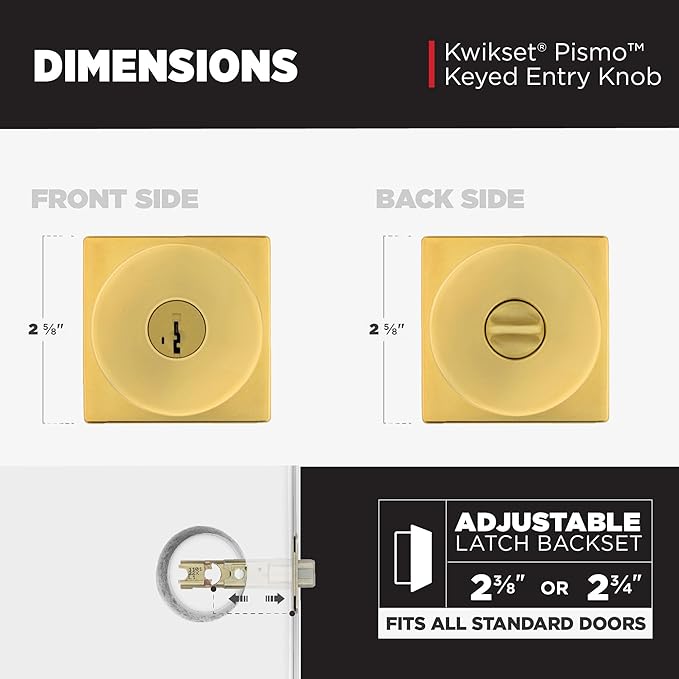 Kwikset Pismo Entry Door Knob with Lock and Key, Secure Keyed Handle Exterior, Front Entrance and Bedroom, Satin Brass, 10 Pack, Pick Resistant SmartKey Rekey Security