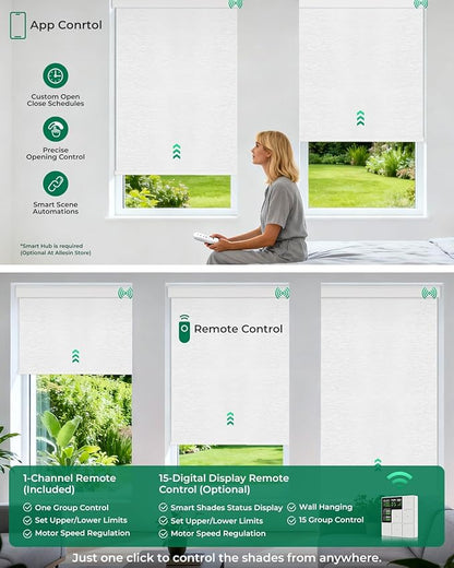 Allesin Motorized Roller Blinds – Rechargeable Smart Shades with Remote & Quiet Motor, Top/Bottom Aluminum Rails, Alexa-Compatible for Window (Custom Size, 100% Blackout Cloud-Patterned)
