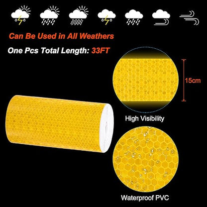 PATIKIL 6 Inch x 33 ft Reflective Tape, 1 Roll Waterproof Self Adhesive High Visibility Caution Warning Safety Tape Reflector with Scraper for Trucks Trailers Cars, Yellow