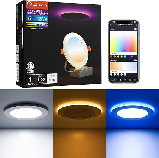 Lumary Smart Recessed Light Pro 6 Inch with RGB/Night Ring, 13W 1100LM Smart Wafer Downlight, Canless with Junction Box, Compatible with Alexa/Google Assistant/BT Remote, ETL Listed, 1Pack