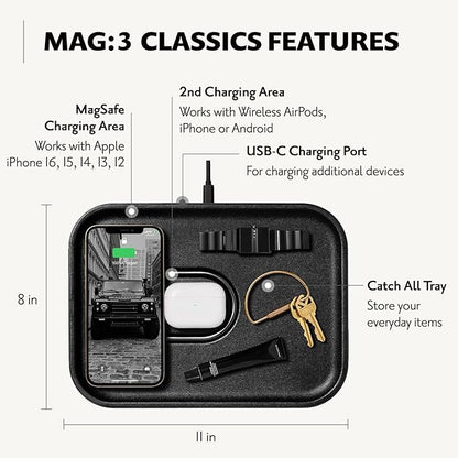 Courant MAG:3 Classics Charger and Tray - Italian Leather, Multi-Device Charger Compatible with MagSafe iPhones 16, 15, 14, 13, 12 or Wireless AirPod Cases (Black)