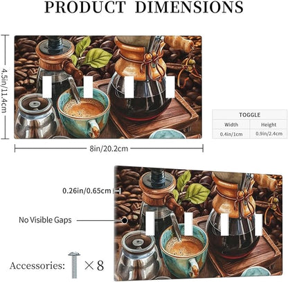 Decorative Light Switch Cover Plate Retro Coffee Maker Beans Cup 4 Gang Wall Plate Oversized Quad Toggle Switch Cover Plate Jumbo Faceplate for Kirchen Home Decor