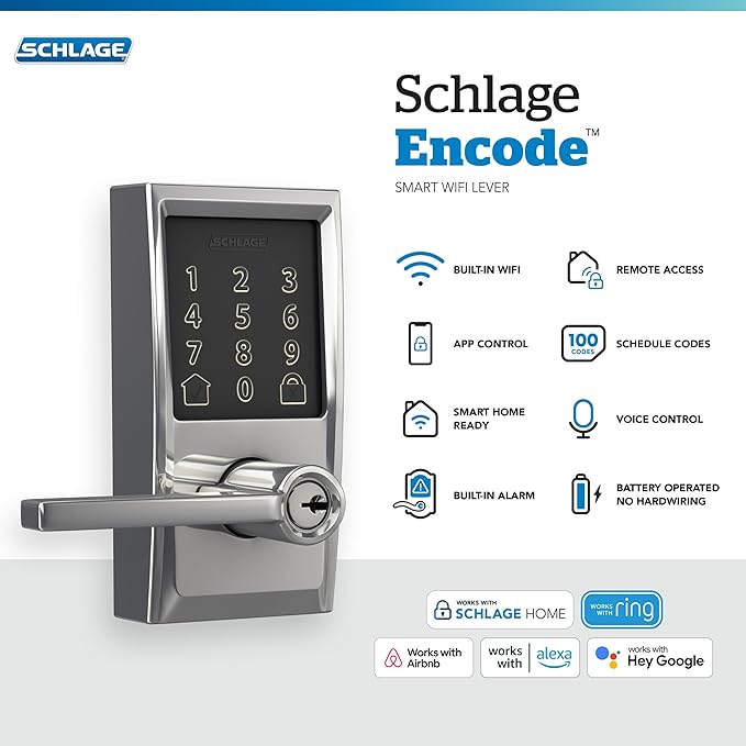Schlage FE789WBCEN625LAT Encode Century WiFi Latitude Lever Smart Keyless Entry Touchscreen Door Lock, Bright Chrome