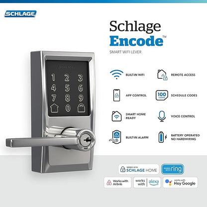 Schlage FE789WBCEN625LAT Encode Century WiFi Latitude Lever Smart Keyless Entry Touchscreen Door Lock, Bright Chrome