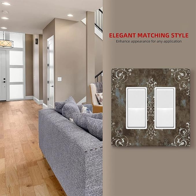 Decorative Outlet Covers Brown Vintage Abstract Floral 2 Gang Wall Plate Double Rocker Two Switch Wall Cover Plate Jumbo Dual GFCI Faceplate for Country Bedroom Home Decor