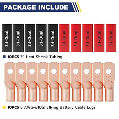 haisstronica 10pcs 6 AWG - #10 Battery Cable Lugs, Heavy Duty Copper Wire Lugs with 10pcs 3:1 Adhesive Heat Shrink Tubing, 6 Gauge Wire Connectors Battery Terminal Connectors, Battery Cable Ends