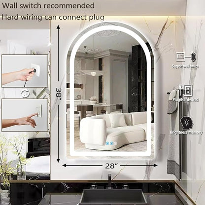 THEKLA 28 x 38 Inch LED Arched Bathroom Mirror with Lights Arch LED Mirror for Bathroom Wall Arched Lighted Mirror AntiFog Dimmable 3 Color 38 Smart LED Light up Table Vanity Arch Mirror with Light