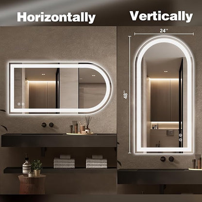 Niccy Arched LED Bathroom Mirror, 48x24 Arch Wall Mounted Frameless Bathroom Mirror for Vanity, Smart Lighted Frontlit Mirrors with Memory Function for Bathroom Bedroom Beauty Hair Salon