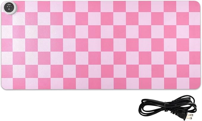 Checkered Pink Heated Desk Pad Mouse Pad 31.5x13 Inch PU Leather Desk Mat with 3 Heat Levels Large Mouse Gaming Computer Laptop Mat