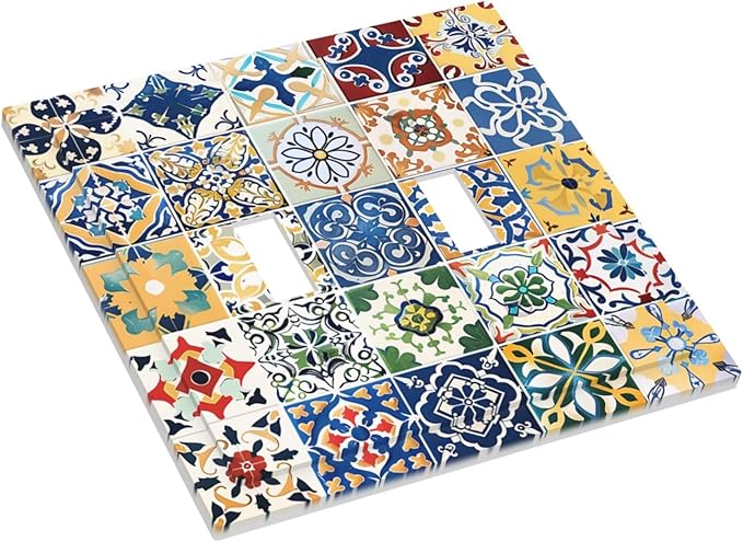 Decorative Switch Plates Moroccan Traditional Mexican Talavera Til 2 Gang Double Toggle Outlet Light Switch Cover Wall Plate Electrical Faceplate for Kitchen Home Decor